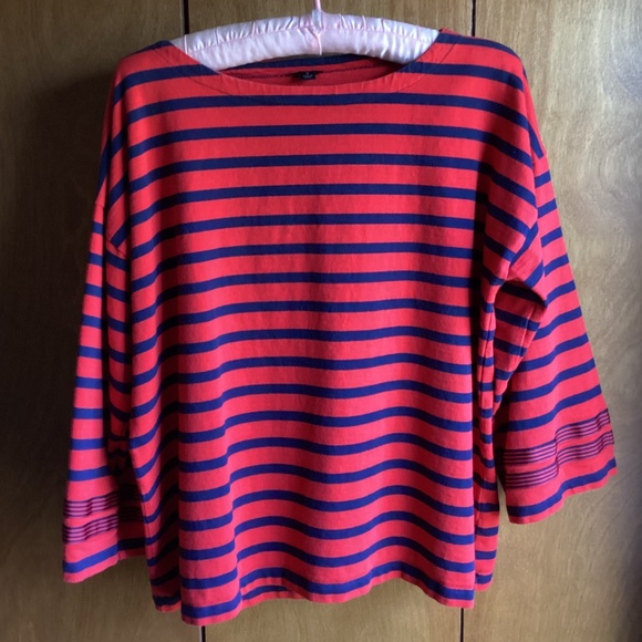 EUC J.Crew Boxy Red & Blue Boatneck, 3/4 Sleeve with Ribbon Trim, Small - Picture 1 of 4